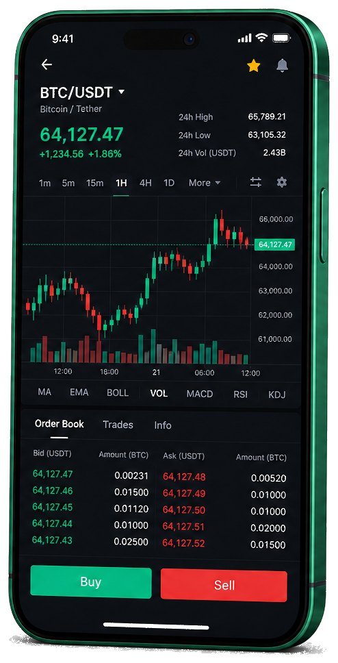 Aplicación móvil de Torre Ahorrencia para trading con gráficos en vivo de BTC/USDT, libro de órdenes y panel de control de operaciones